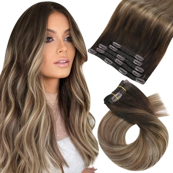 Other - New 5PCS 12 Inch Dark Brown to Ash Blonde Clip-in Human Hair Extensions